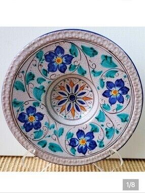 Floral Italian Handpainted Serving Plate Blue and Green Glazed Ceramic